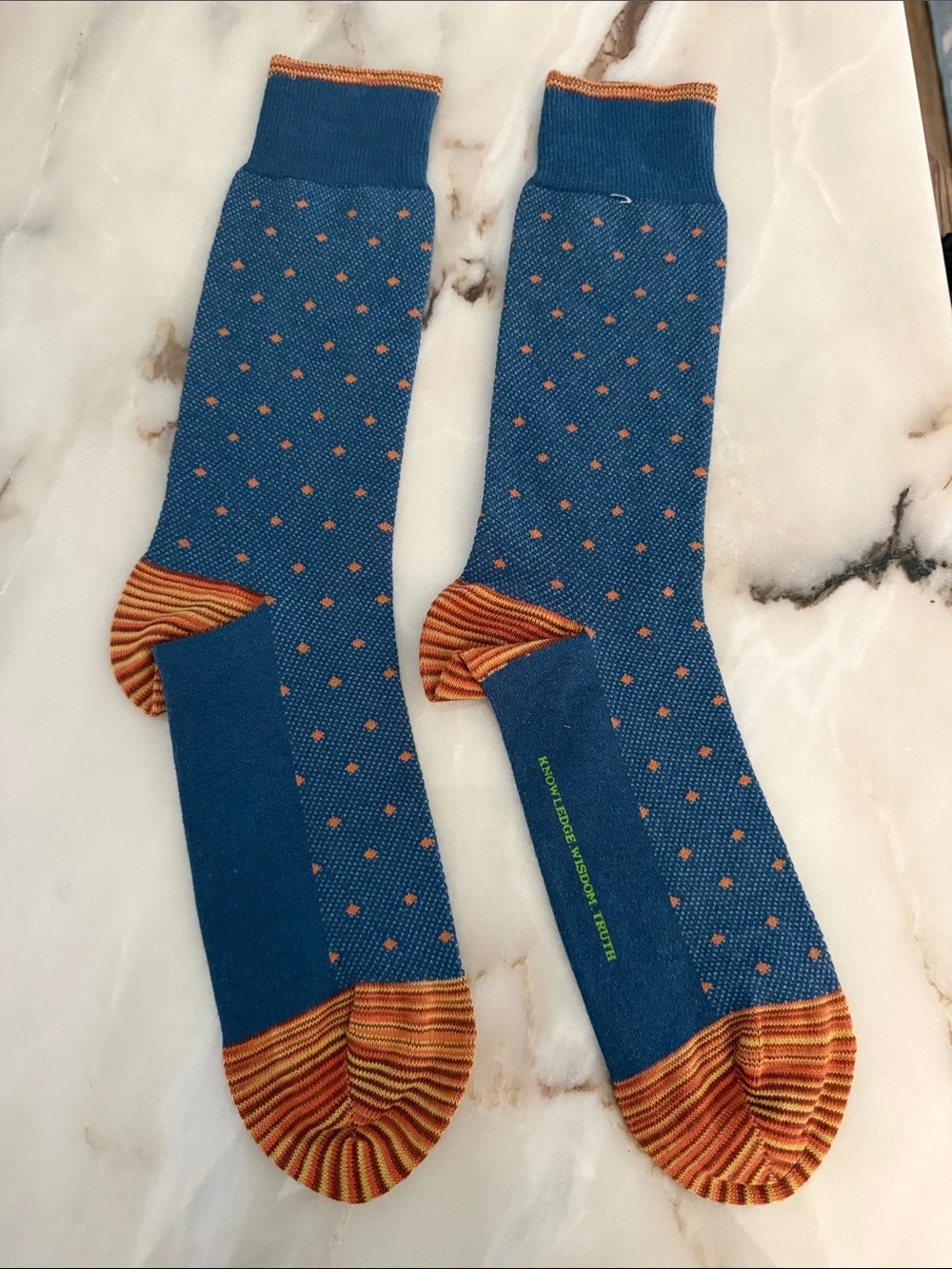Robert Graham Blue Polka Dot Crew Socks with Rust Accents